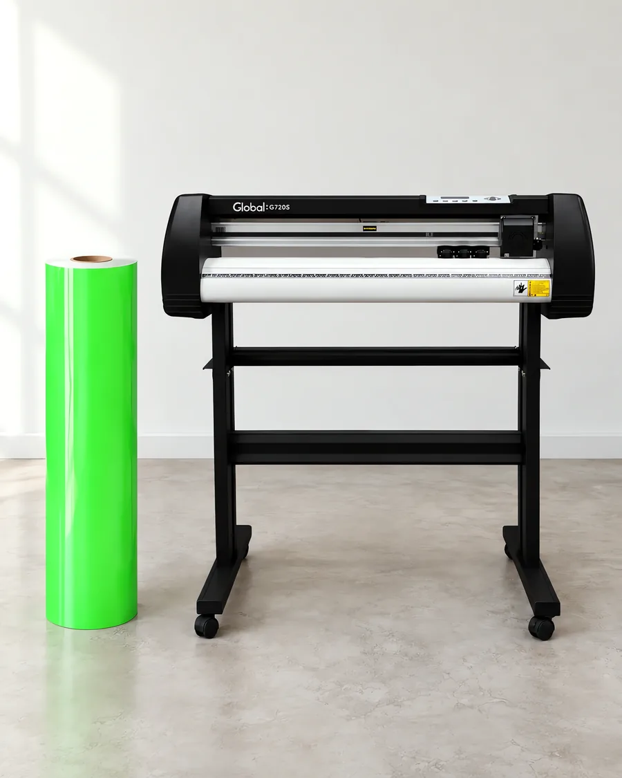 Rollo de vinilo de corte fluo, parado junto al plóter de corte