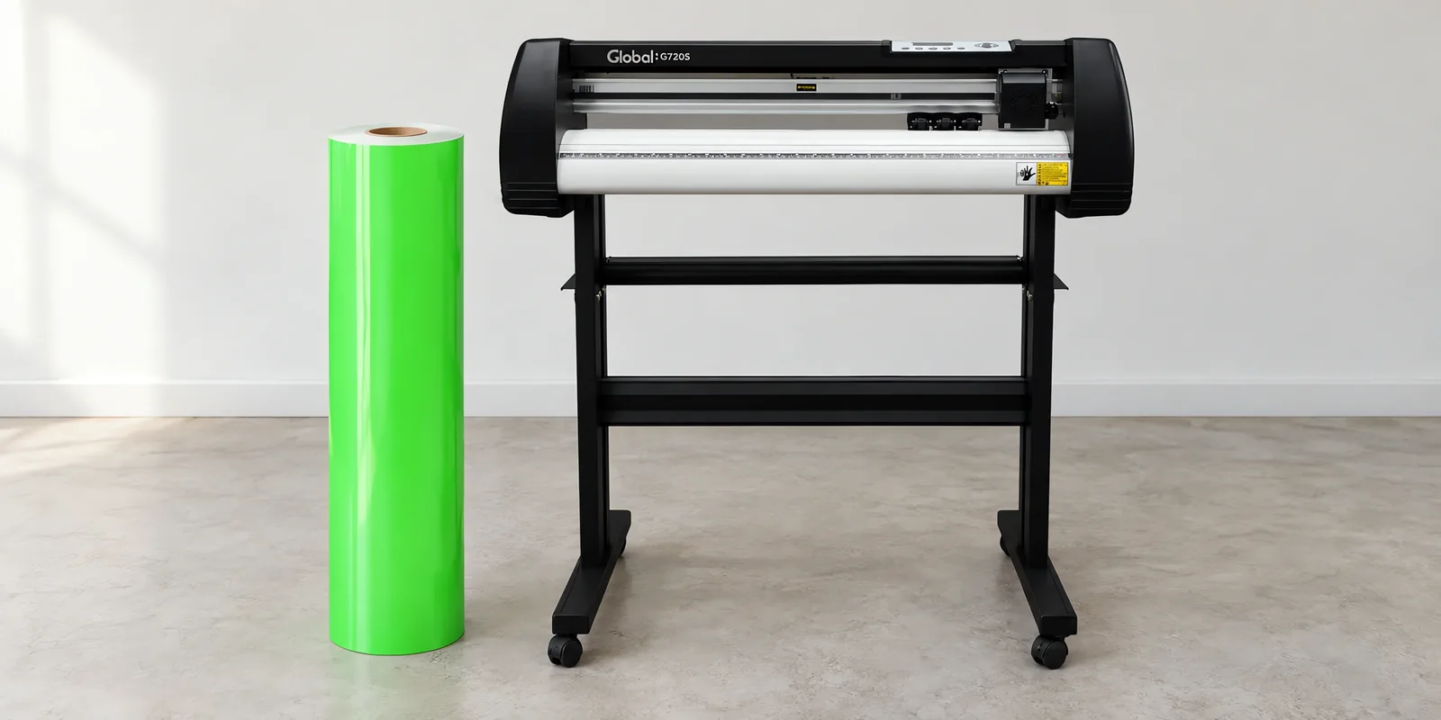 Rollo de vinilo de corte fluo, parado junto al plóter de corte