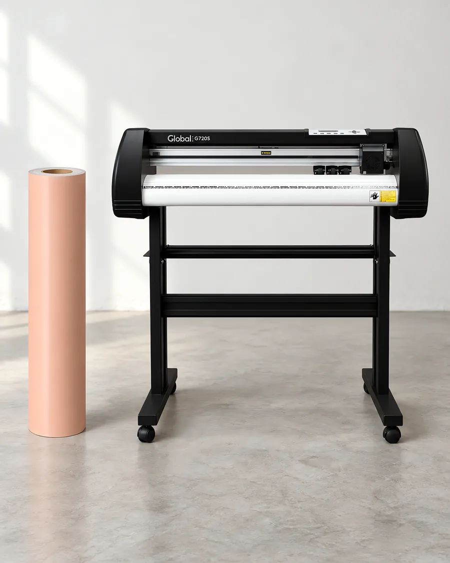 Rollo de vinilo de corte pastel, parado junto al plóter de corte