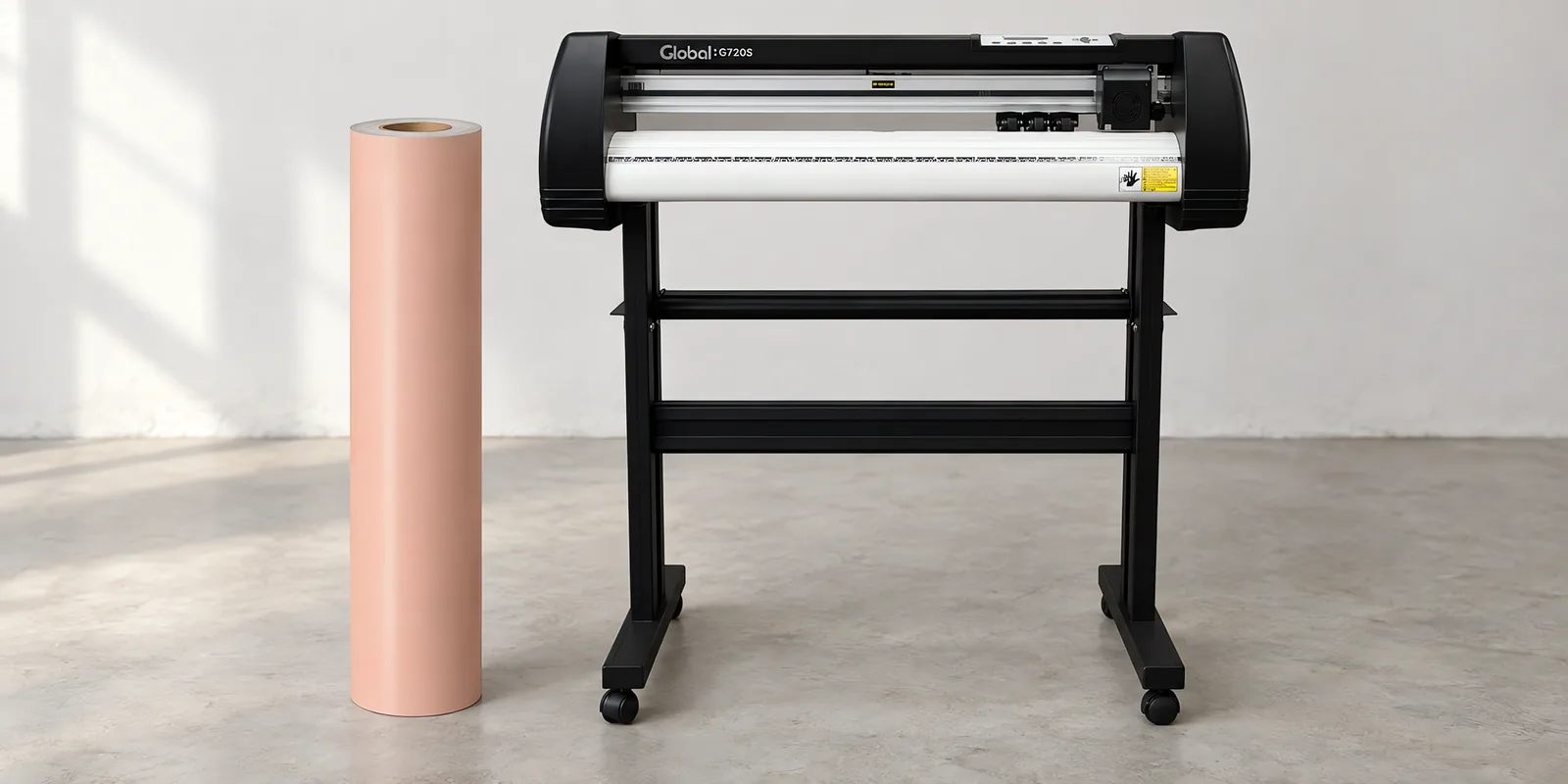 Rollo de vinilo de corte pastel, parado junto al plóter de corte