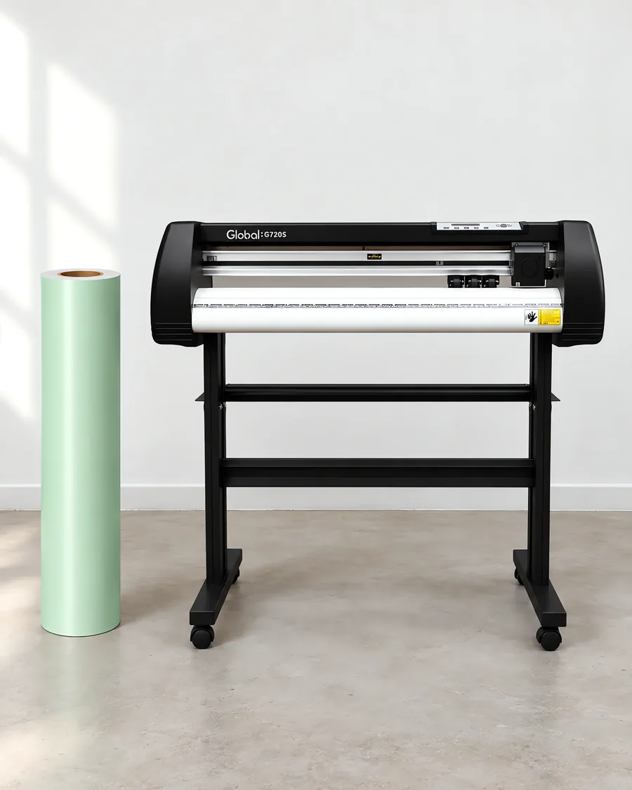 Rollo de vinilo de corte pastel, parado junto al plóter de corte