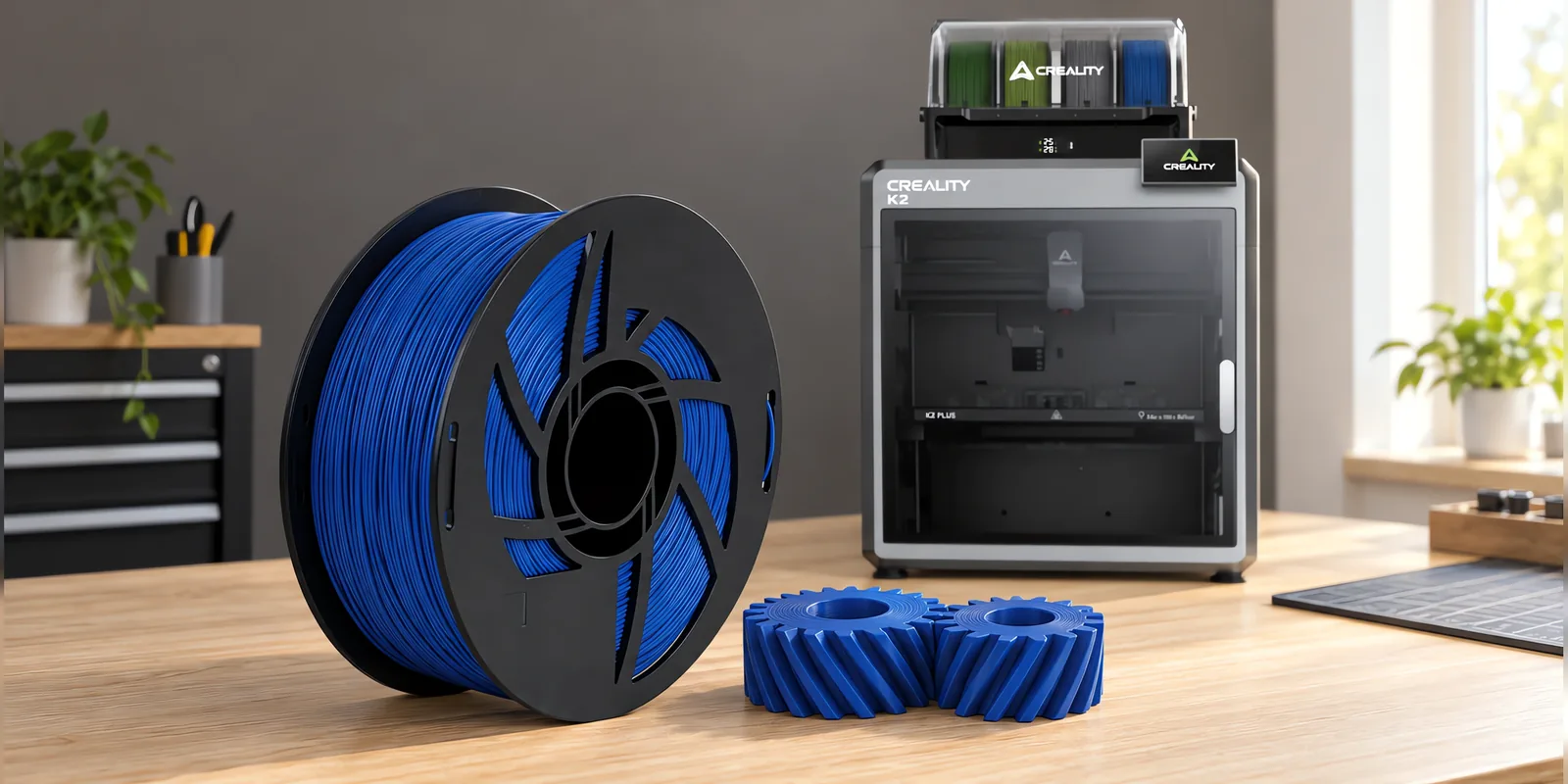 Carretel de filamento nylon 12 azul sobre una mesa de roble claro, con una impresora 3D detrás y un engranaje impresa en el mismo color al lado.