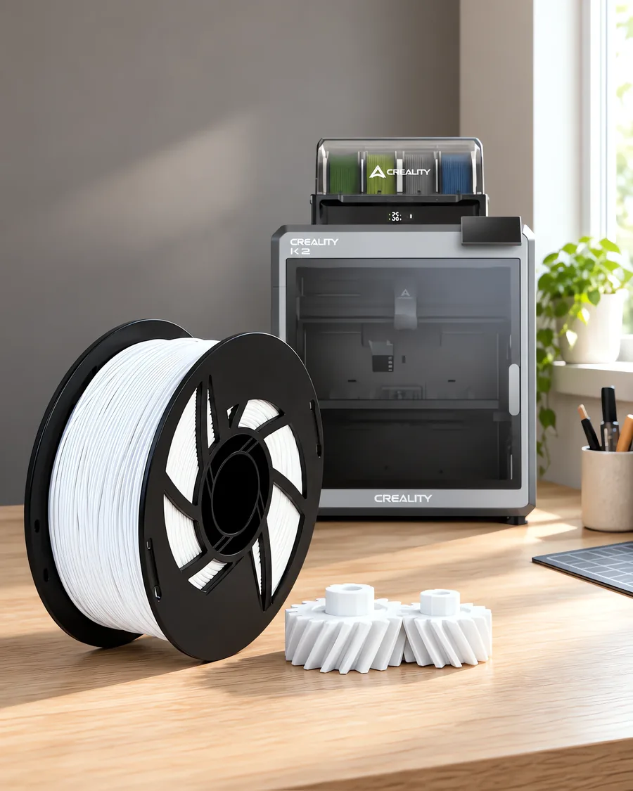 Carretel de filamento nylon 12 blanco sobre una mesa de roble claro, con una impresora 3D detrás y un engranaje impresa en el mismo color al lado.