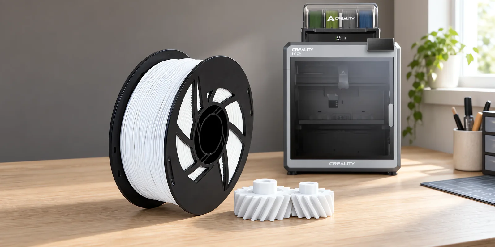 Carretel de filamento nylon 12 blanco sobre una mesa de roble claro, con una impresora 3D detrás y un engranaje impresa en el mismo color al lado.