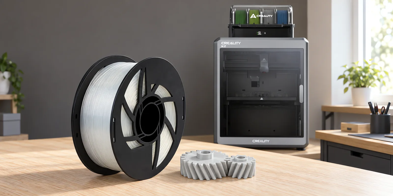 Carretel de filamento nylon 12 natural sobre una mesa de roble claro, con una impresora 3D detrás y un engranaje impresa en el mismo color al lado.