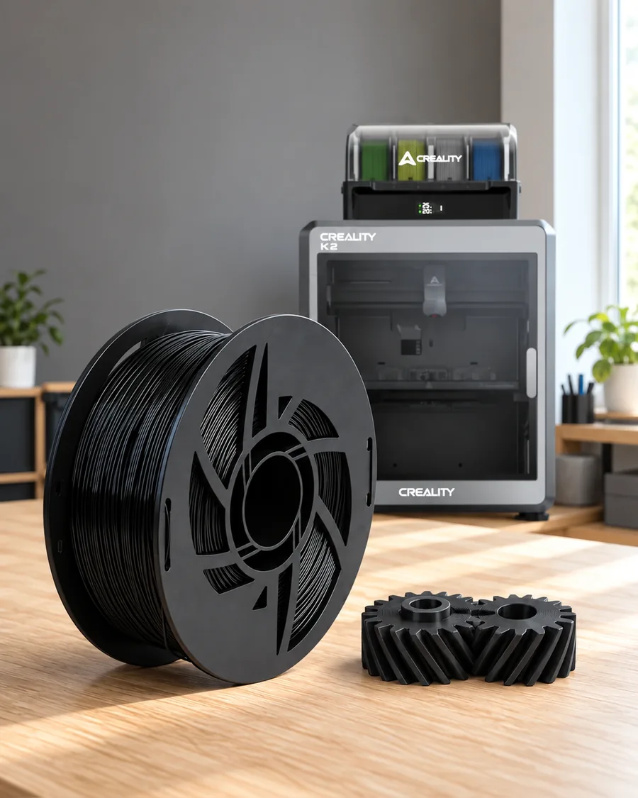 Carretel de filamento nylon 12 negro sobre una mesa de roble claro, con una impresora 3D detrás y un engranaje impresa en el mismo color al lado.