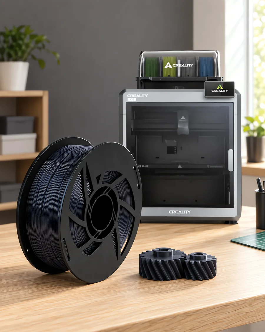 Carretel de filamento nylon 12 titanio sobre una mesa de roble claro, con una impresora 3D detrás y un engranaje impresa en el mismo color al lado.