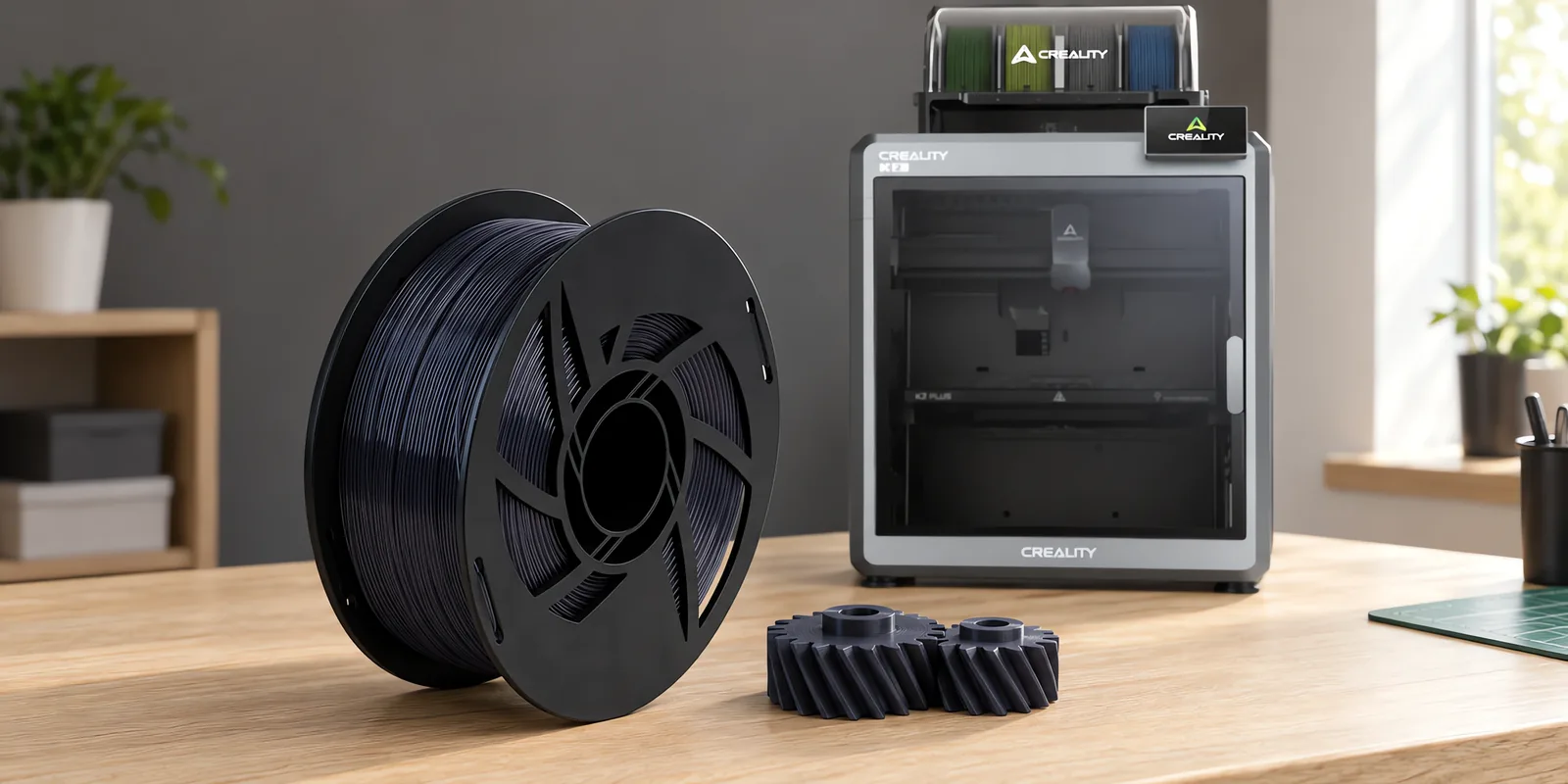 Carretel de filamento nylon 12 titanio sobre una mesa de roble claro, con una impresora 3D detrás y un engranaje impresa en el mismo color al lado.