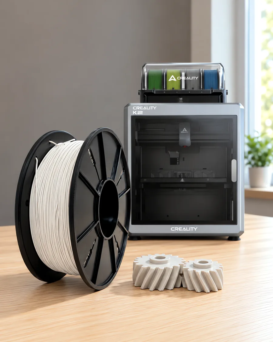 Carretel de filamento nylon 6 blanco sobre una mesa de roble claro, con una impresora 3D detrás y un engranaje impresa en el mismo color al lado.