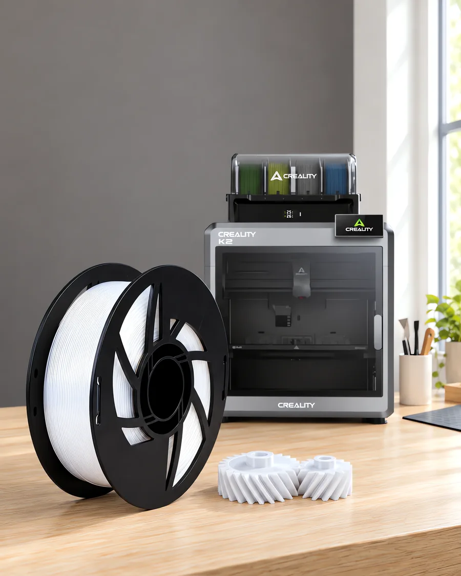 Carretel de filamento nylon 6 natural sobre una mesa de roble claro, con una impresora 3D detrás y un engranaje impresa en el mismo color al lado.