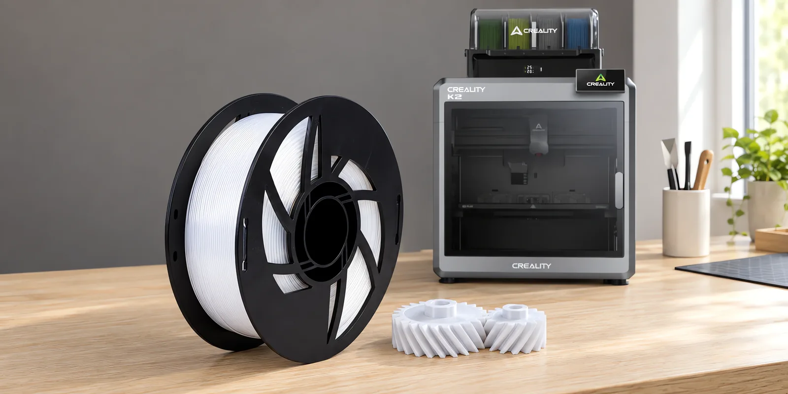 Carretel de filamento nylon 6 natural sobre una mesa de roble claro, con una impresora 3D detrás y un engranaje impresa en el mismo color al lado.