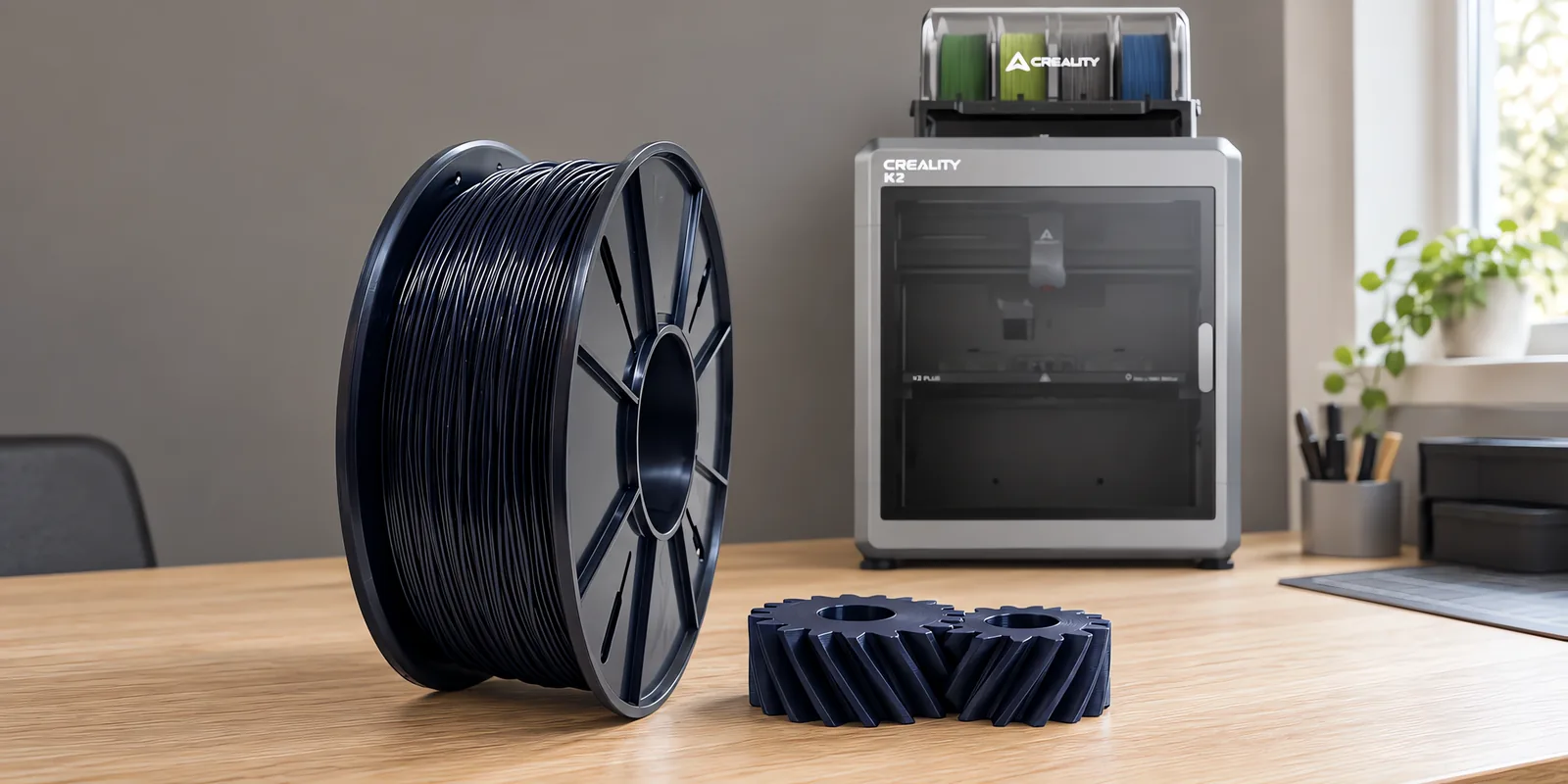 Carretel de filamento nylon 6 negro sobre una mesa de roble claro, con una impresora 3D detrás y un engranaje impresa en el mismo color al lado.