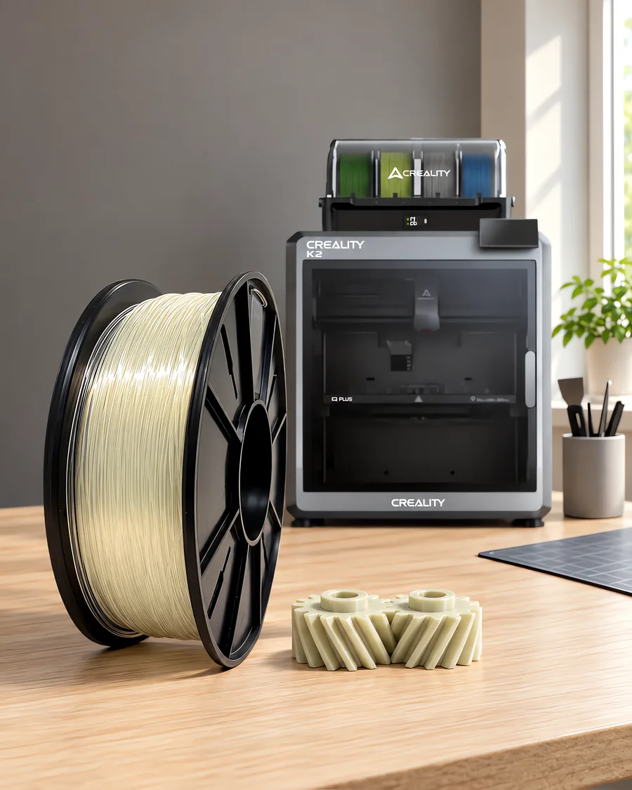 Carretel de filamento nylon 6 optico sobre una mesa de roble claro, con una impresora 3D detrás y un engranaje impresa en el mismo color al lado.