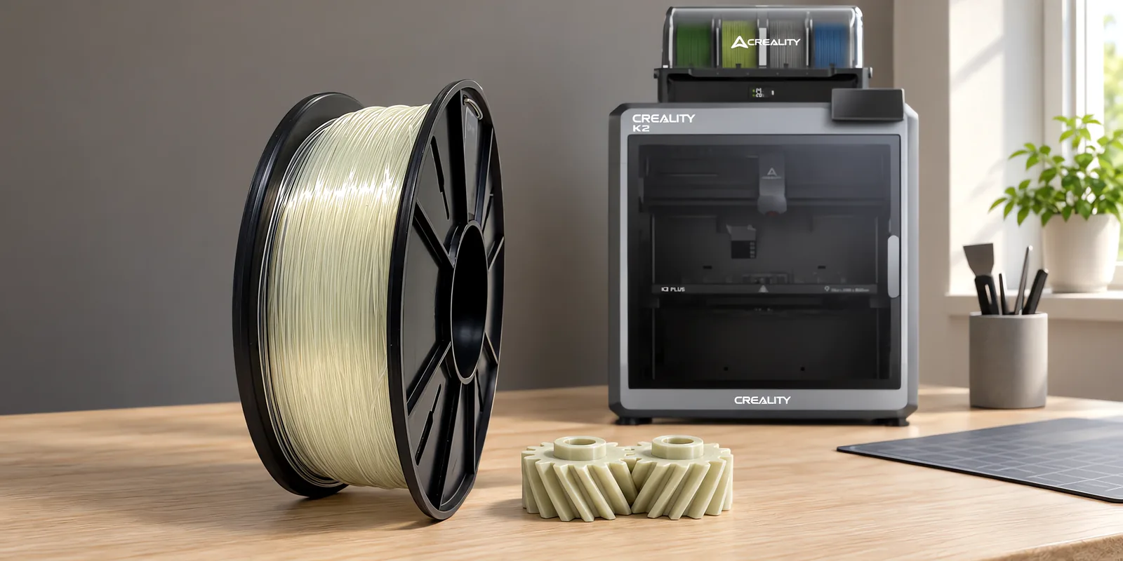 Carretel de filamento nylon 6 optico sobre una mesa de roble claro, con una impresora 3D detrás y un engranaje impresa en el mismo color al lado.