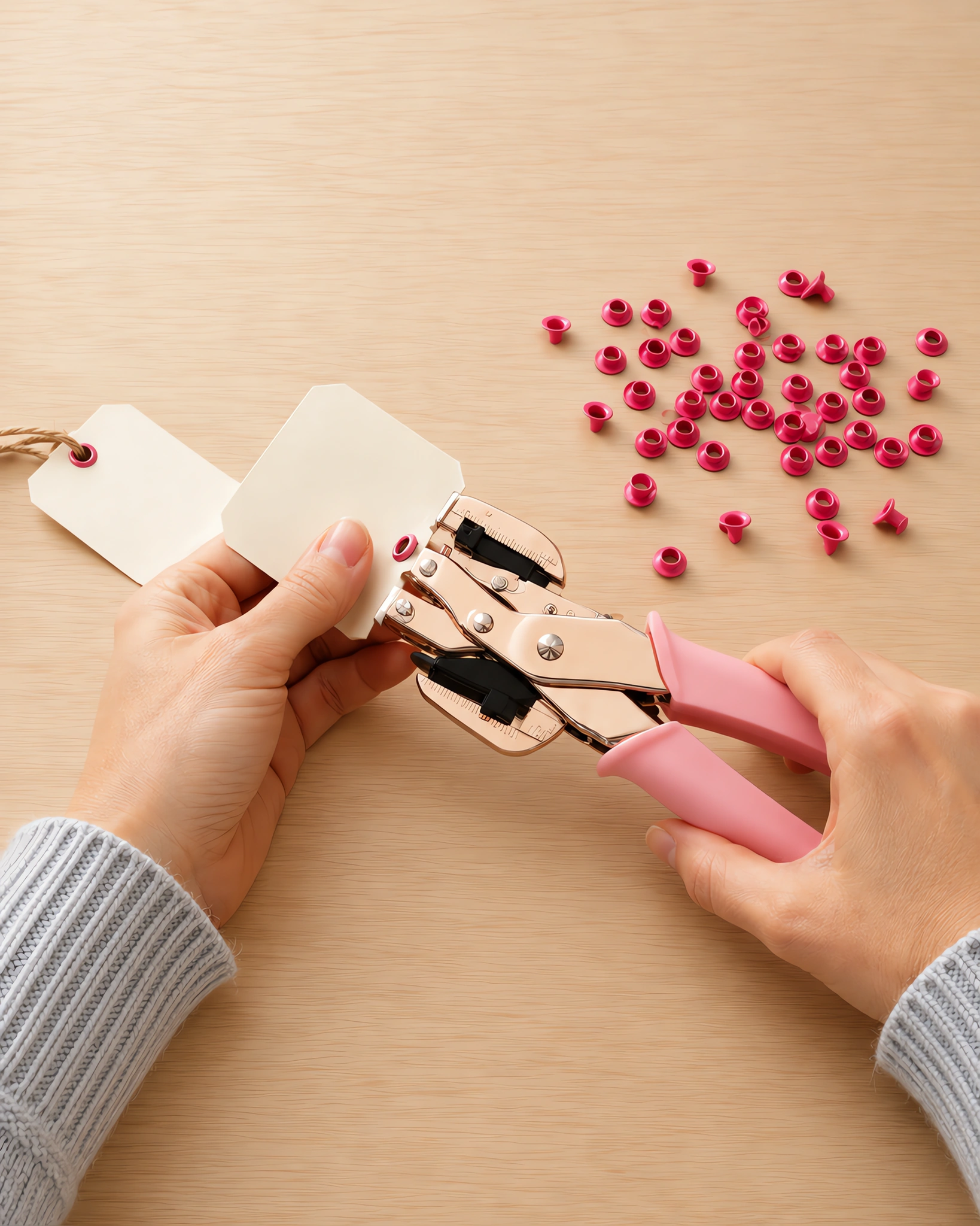 Manos remachando un ojalillo en una etiqueta con la pinza