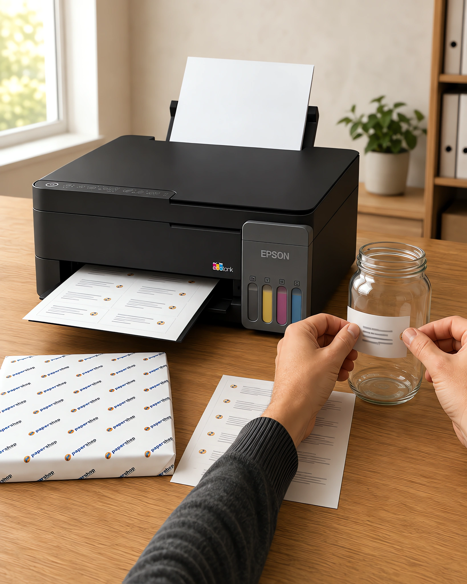 Una etiqueta mate pegándose en un frasco junto al paquete de papel adhesivo