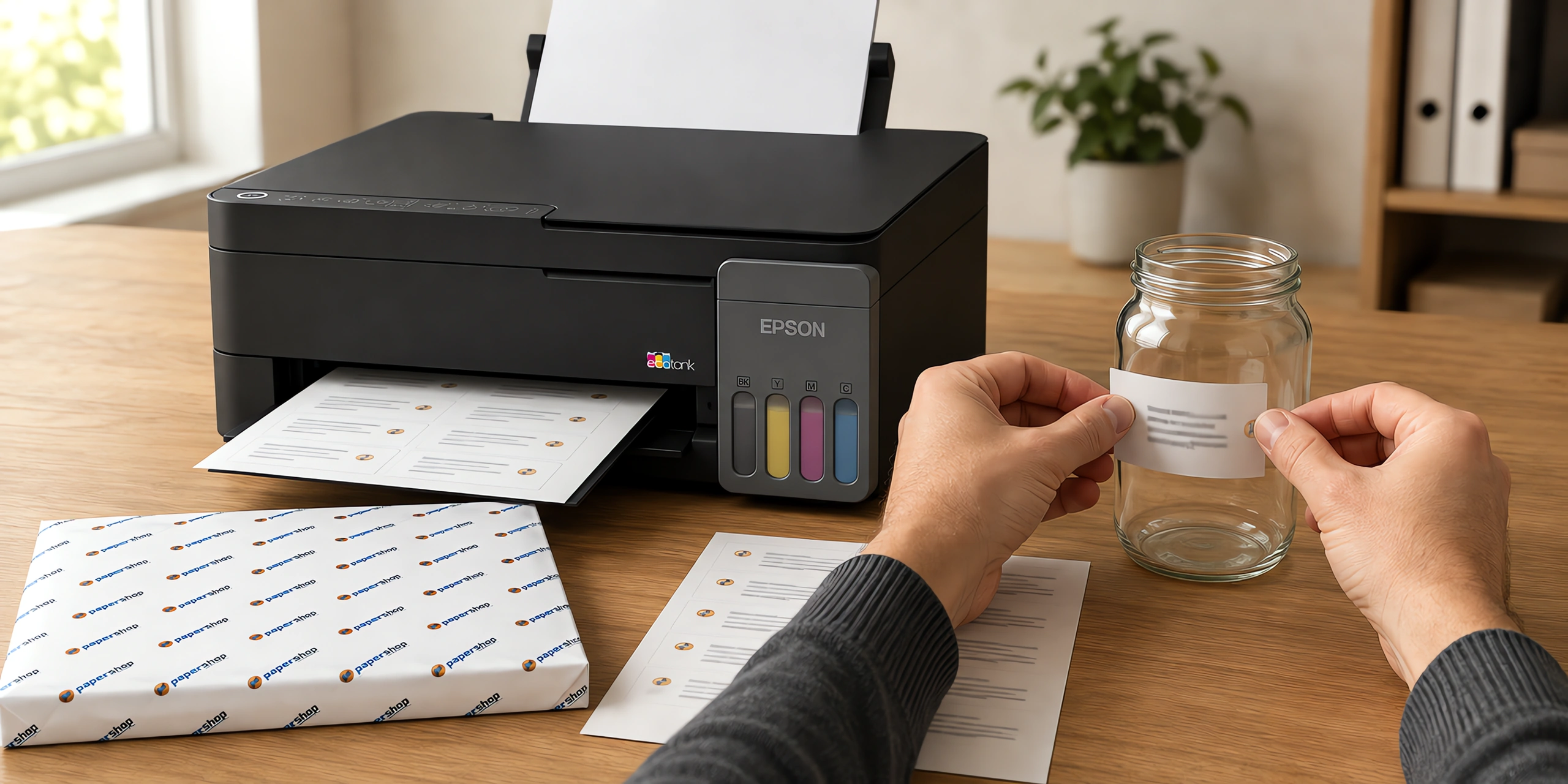 Una etiqueta mate pegándose en un frasco junto al paquete de papel adhesivo