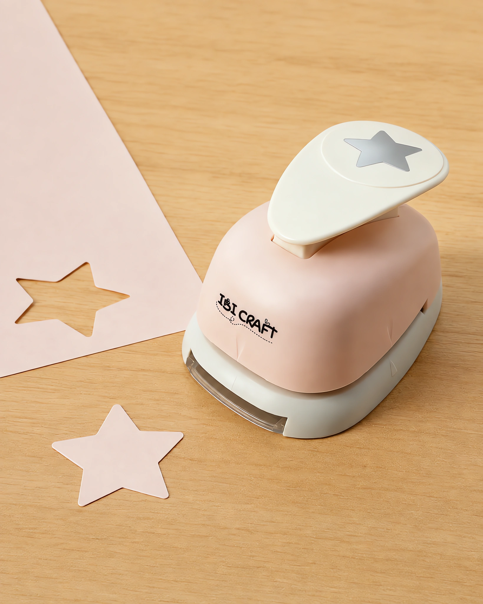 Perforadora artística de estrella de 38 mm sobre la mesa, con el recorte delante
