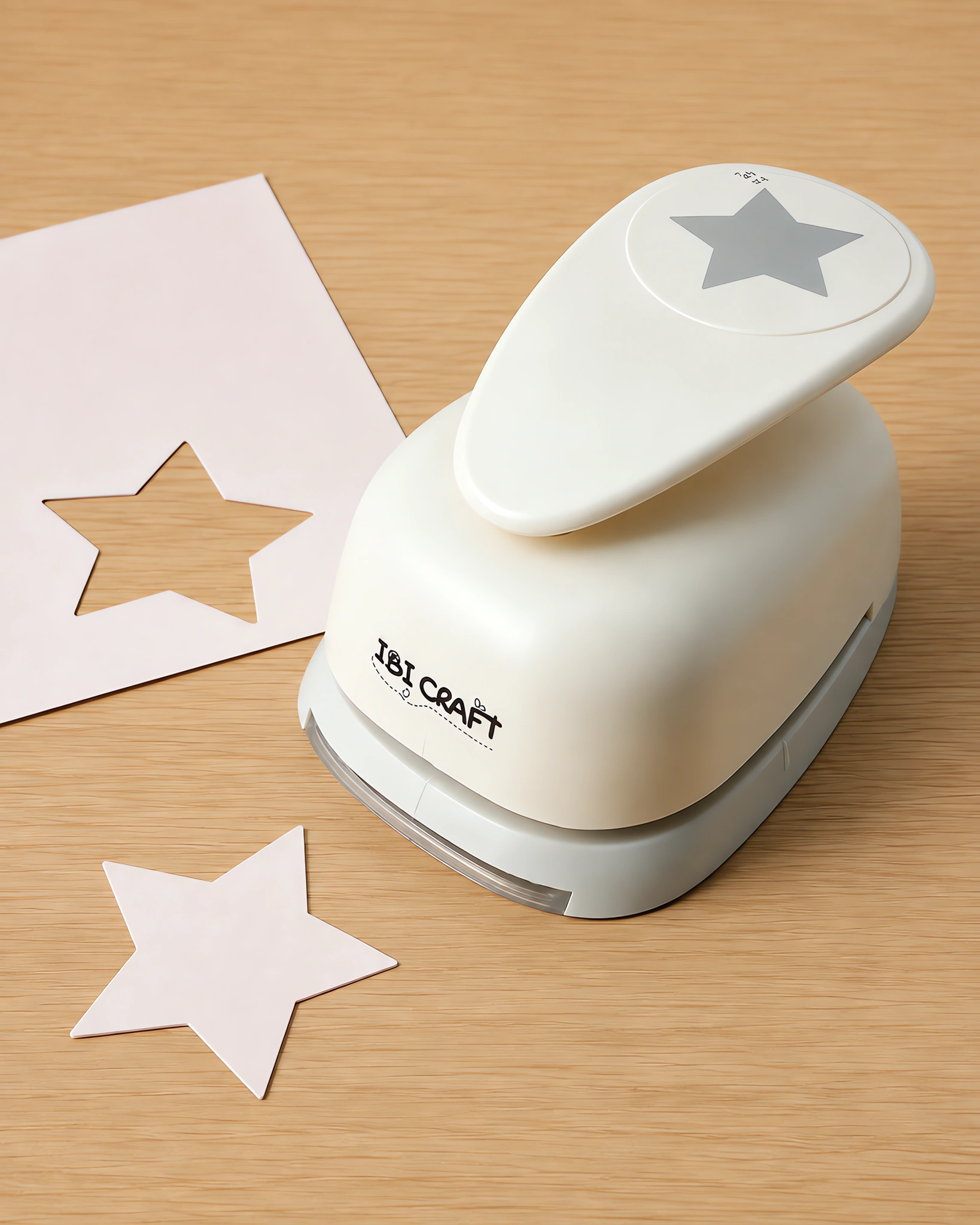 Perforadora artística de estrella de 63 mm sobre la mesa, con el recorte delante