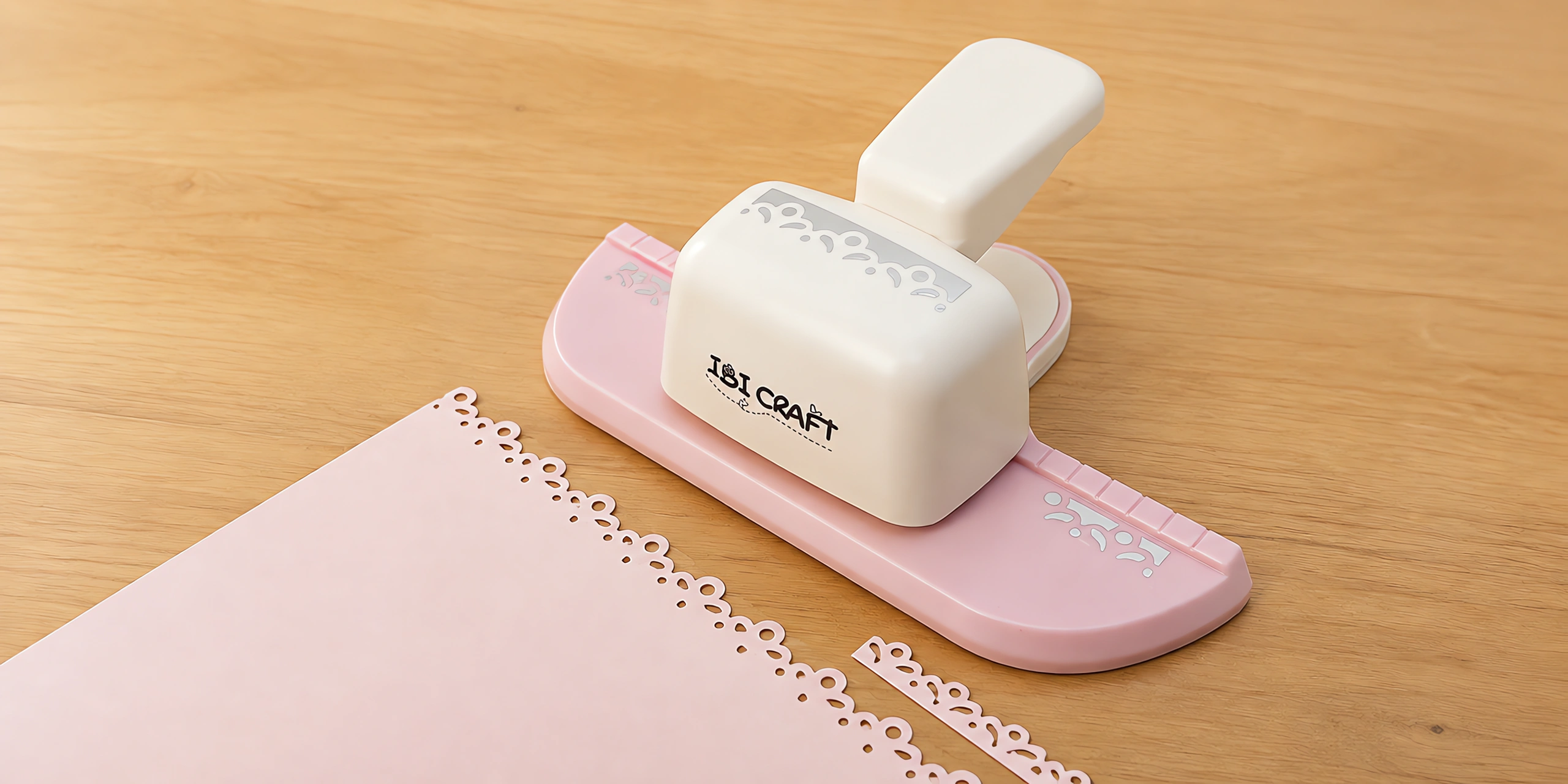 Perforadora de guardas Sweet&peti sobre la mesa, con el borde calado delante