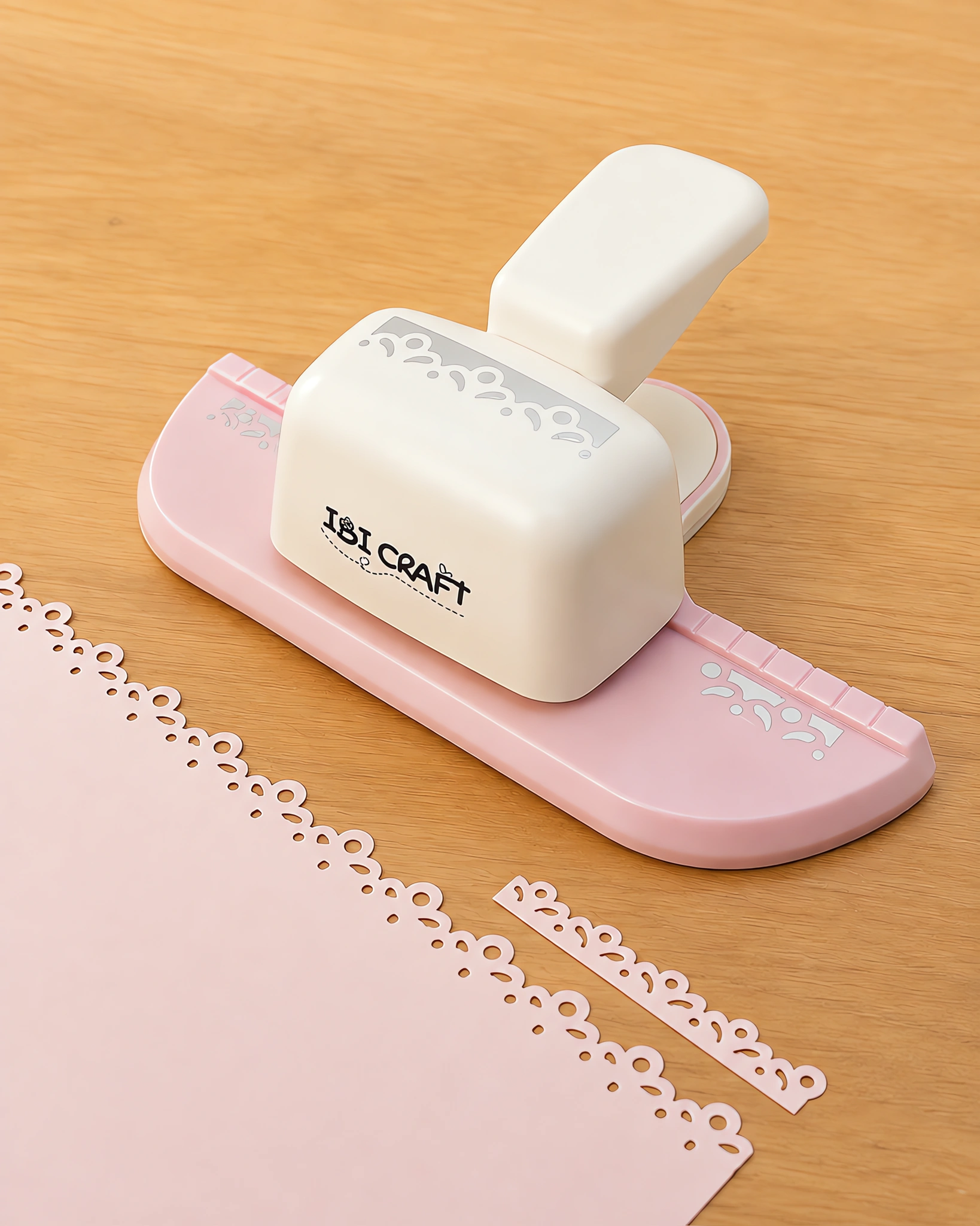 Perforadora de guardas Sweet&peti sobre la mesa, con el borde calado delante