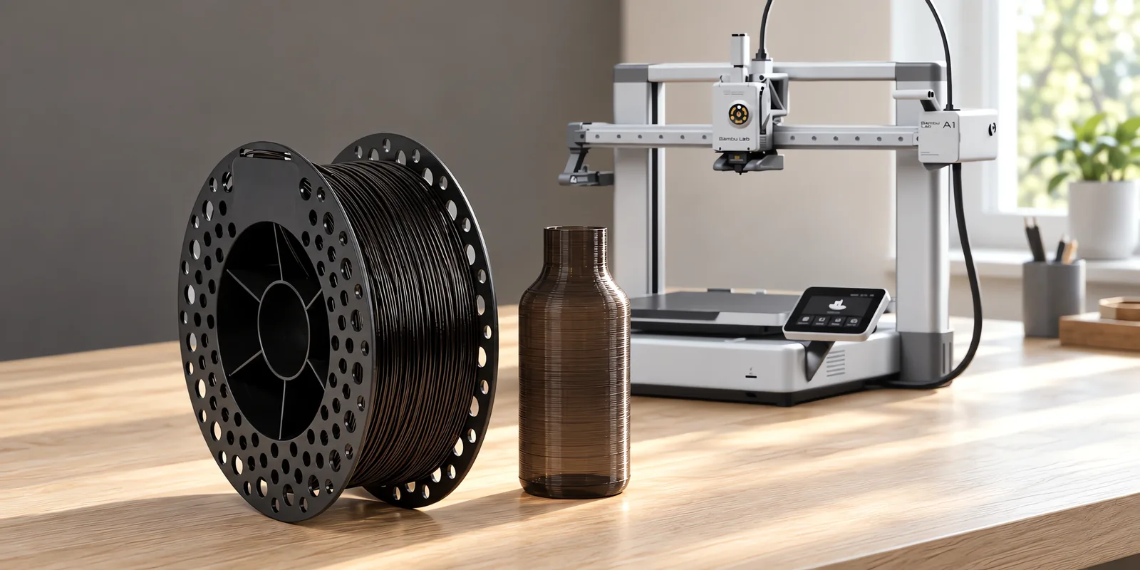 Carretel de filamento petg negro sobre una mesa de roble claro, con una impresora 3D detrás y una botella impresa en el mismo color al lado.
