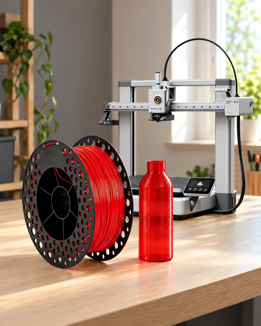 Carretel de filamento petg rojo sobre una mesa de roble claro, con una impresora 3D detrás y una botella impresa en el mismo color al lado.