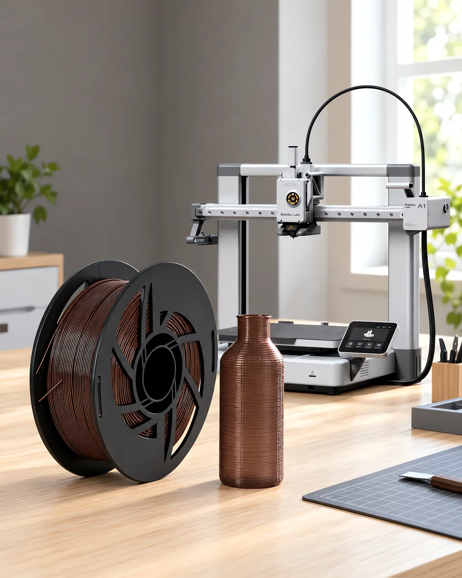 Carretel de filamento petg chocolate sobre una mesa de roble claro, con una impresora 3D detrás y una botella impresa en el mismo color al lado.