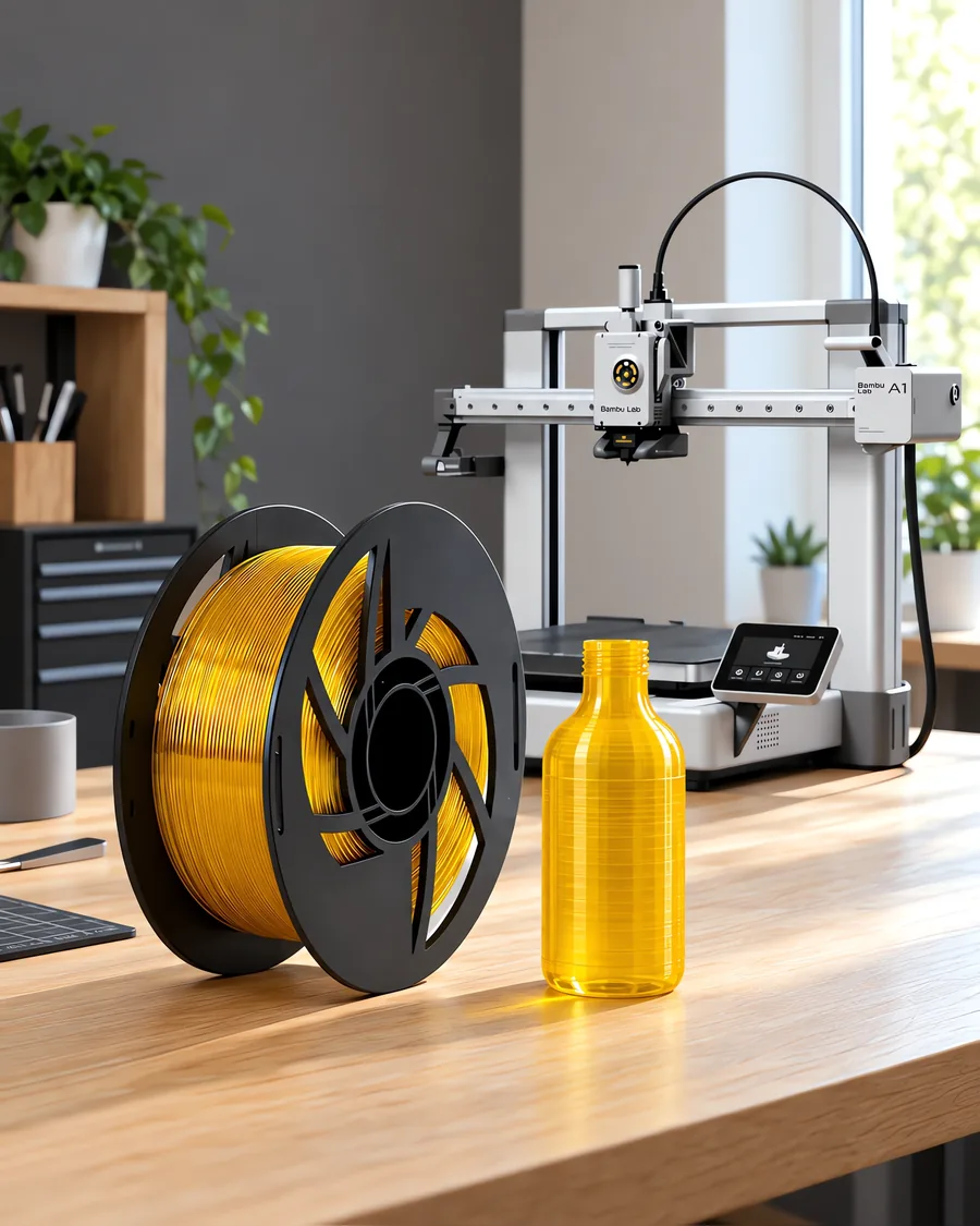 Carretel de filamento petg clear amarillo sobre una mesa de roble claro, con una impresora 3D detrás y una botella impresa en el mismo color al lado.