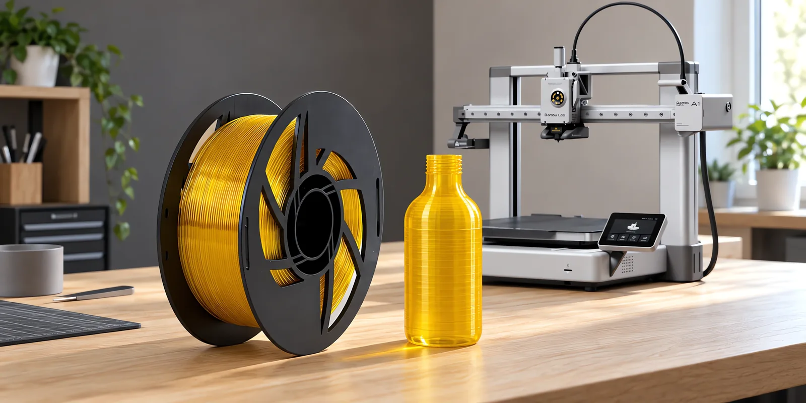 Carretel de filamento petg clear amarillo sobre una mesa de roble claro, con una impresora 3D detrás y una botella impresa en el mismo color al lado.