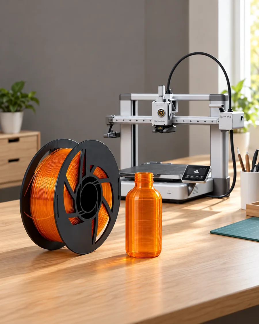 Carretel de filamento petg clear ambar sobre una mesa de roble claro, con una impresora 3D detrás y una botella impresa en el mismo color al lado.