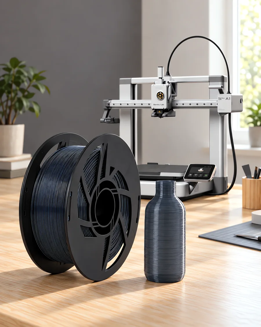 Carretel de filamento petg gris acero sobre una mesa de roble claro, con una impresora 3D detrás y una botella impresa en el mismo color al lado.