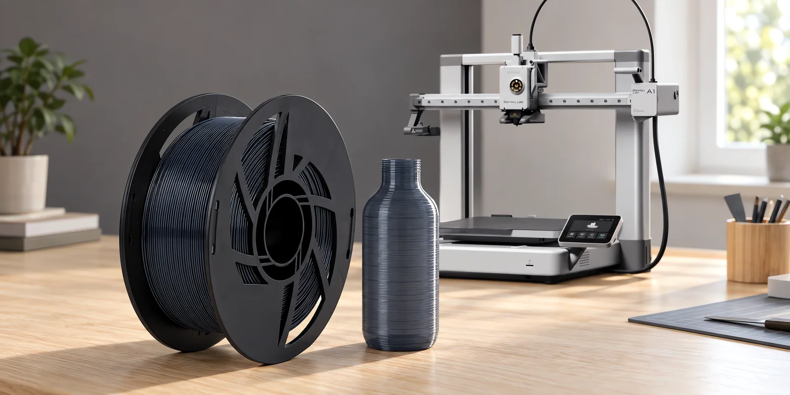 Carretel de filamento petg gris acero sobre una mesa de roble claro, con una impresora 3D detrás y una botella impresa en el mismo color al lado.