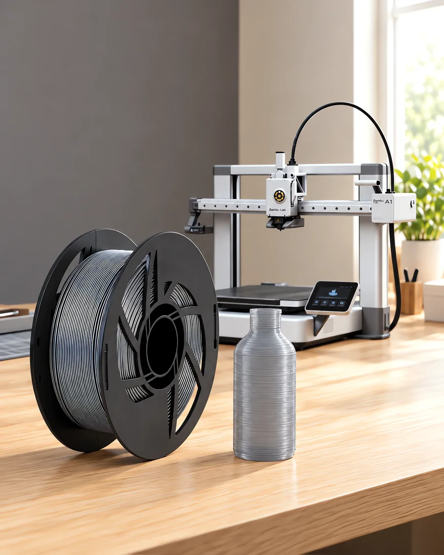 Carretel de filamento petg gris plata sobre una mesa de roble claro, con una impresora 3D detrás y una botella impresa en el mismo color al lado.
