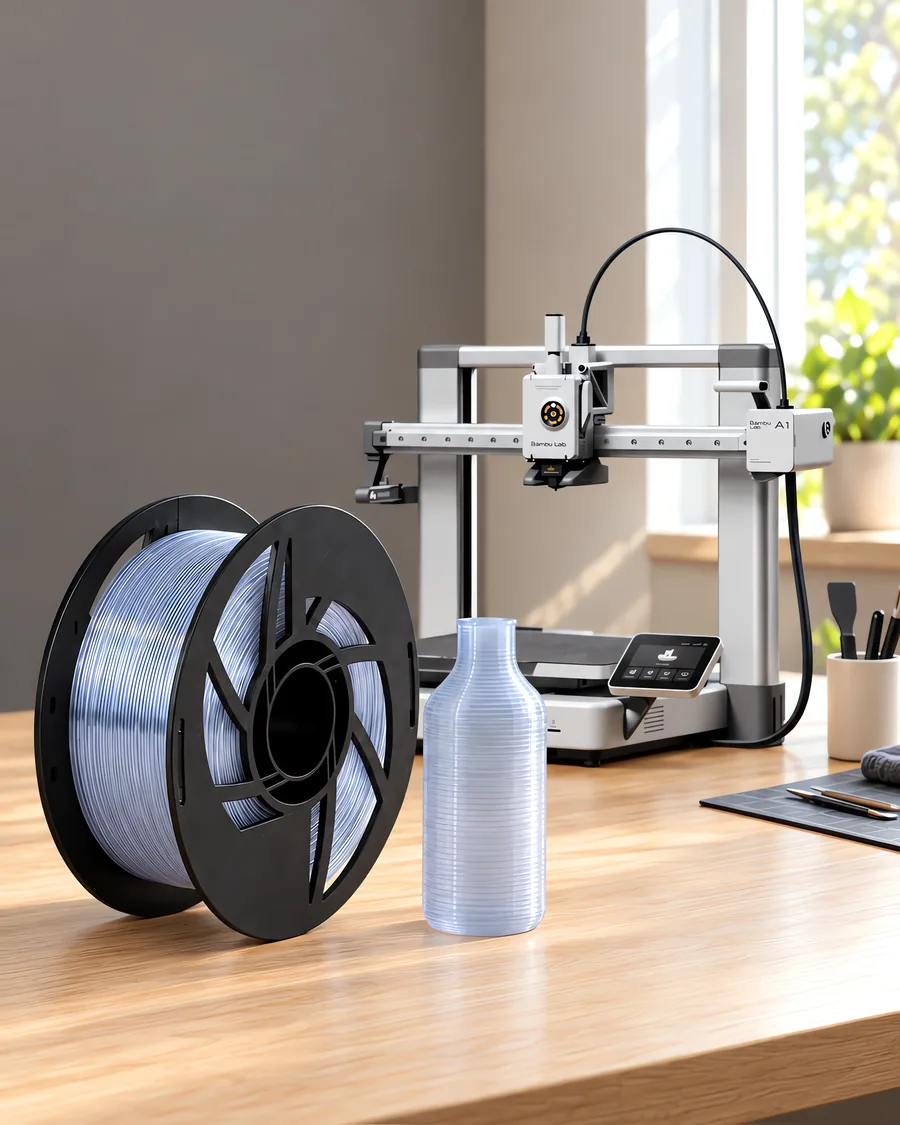 Carretel de filamento petg natural sobre una mesa de roble claro, con una impresora 3D detrás y una botella impresa en el mismo color al lado.