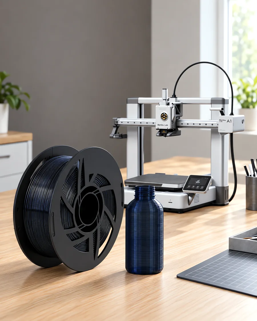 Carretel de filamento petg negro sobre una mesa de roble claro, con una impresora 3D detrás y una botella impresa en el mismo color al lado.