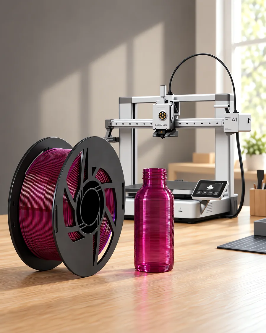 Carretel de filamento petg nova sobre una mesa de roble claro, con una impresora 3D detrás y una botella impresa en el mismo color al lado.