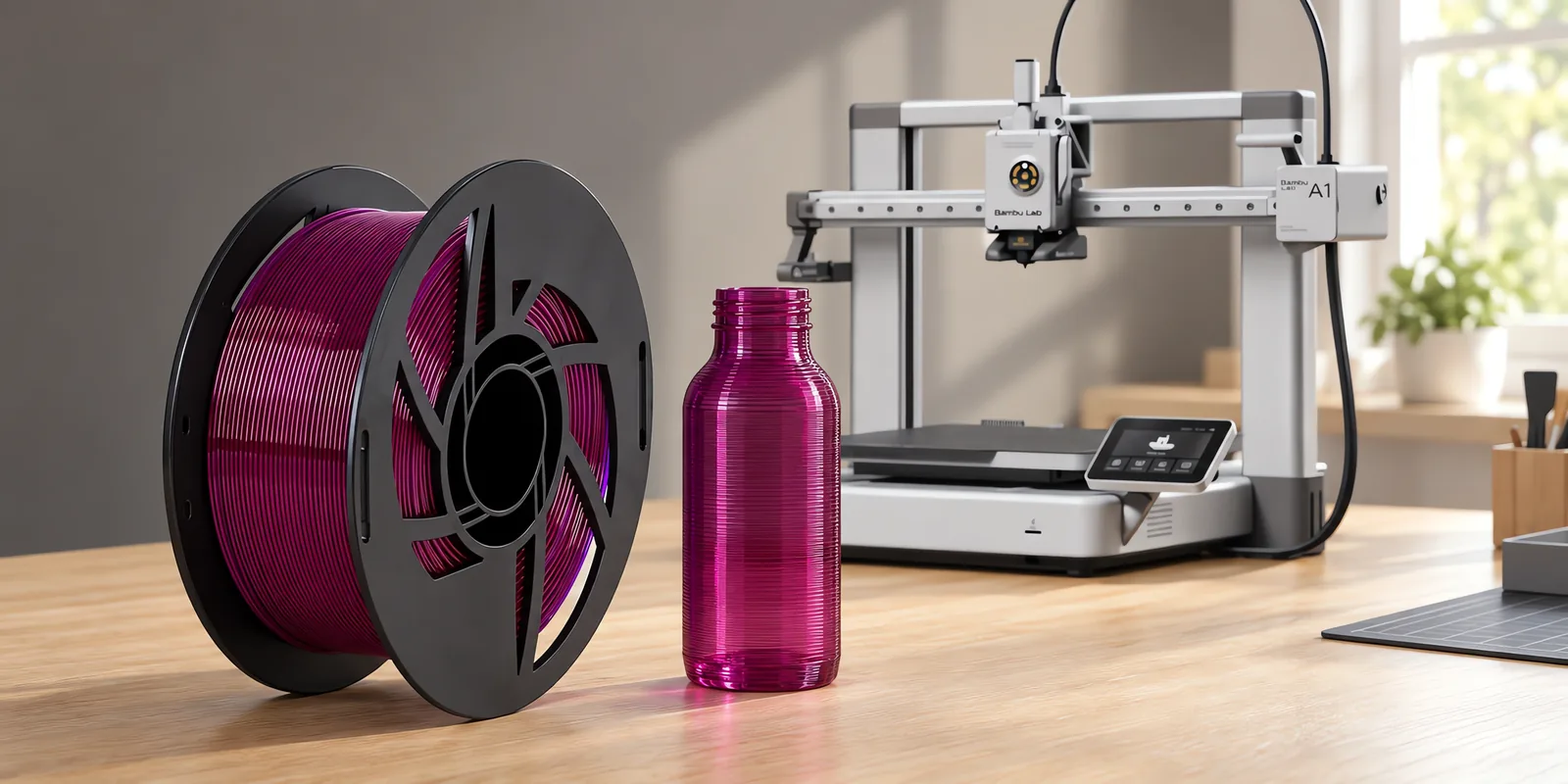 Carretel de filamento petg nova sobre una mesa de roble claro, con una impresora 3D detrás y una botella impresa en el mismo color al lado.