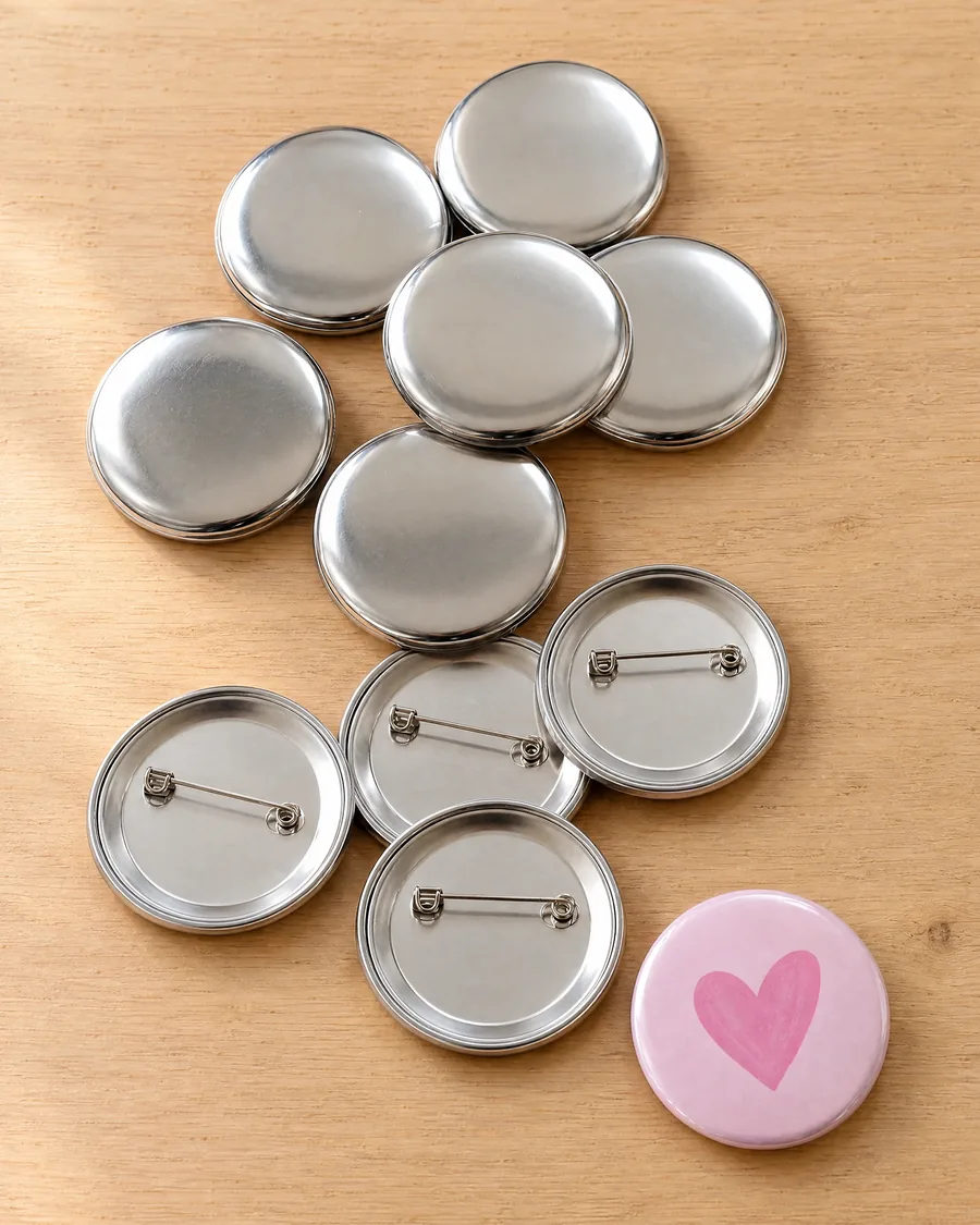 Pins metálicos de 58 mm sobre la mesa, con un pin terminado al lado