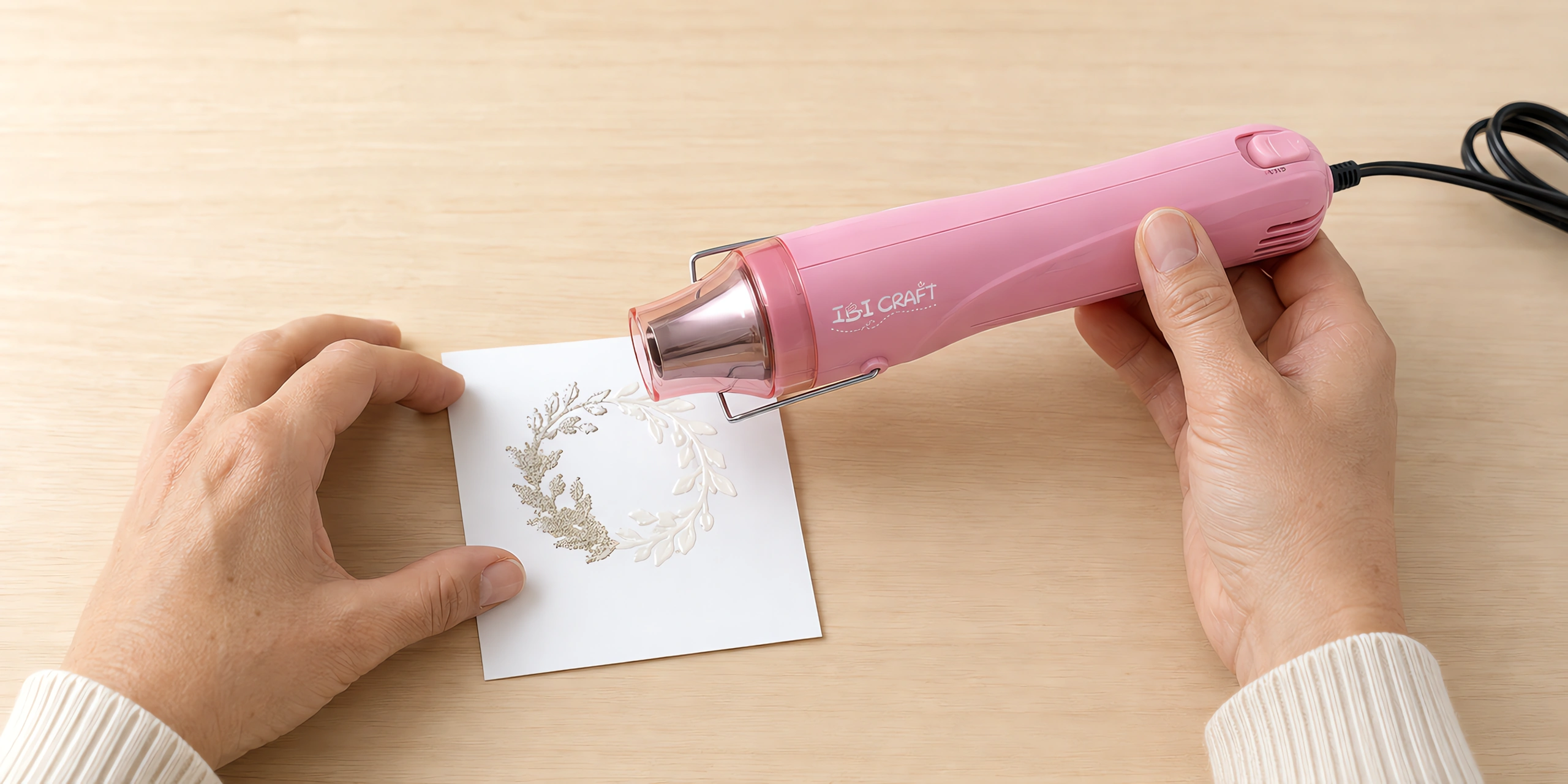 Manos pasando la pistola de calor sobre el polvo de embossing