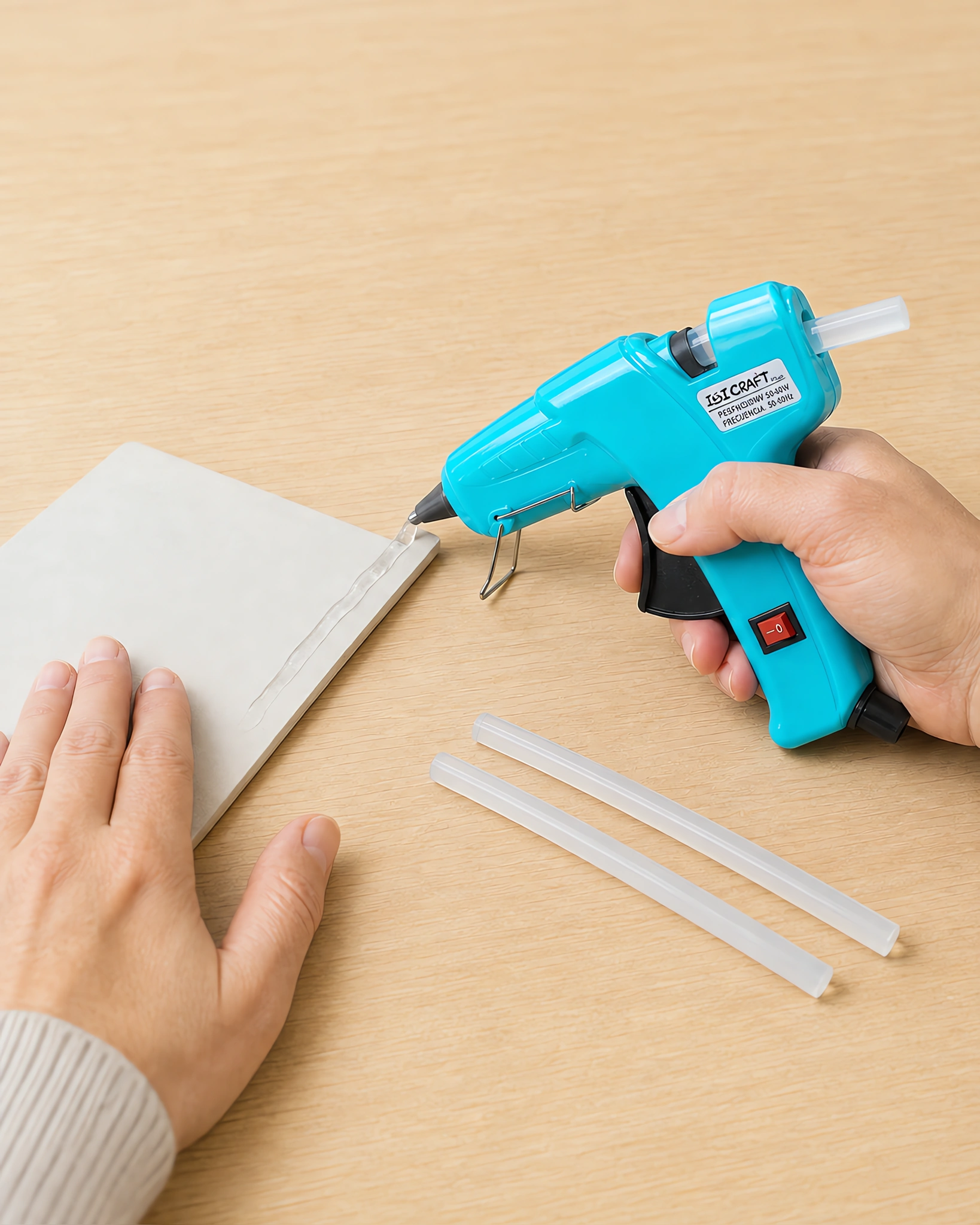 Manos aplicando un cordón de silicona con la pistola encoladora turquesa sobre una cartulina