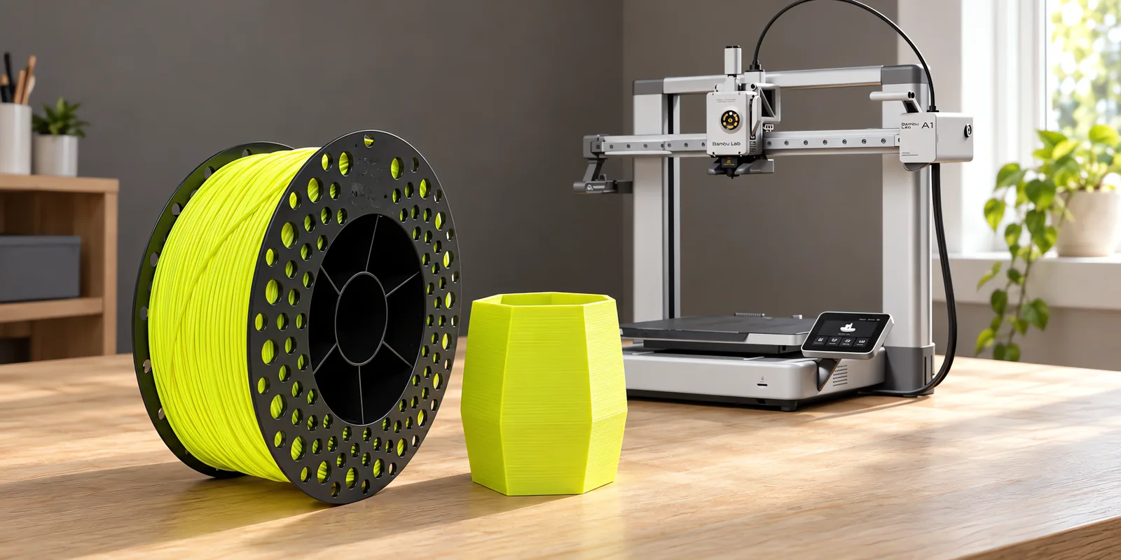 Carretel de filamento pla amarillo fluo sobre una mesa de roble claro, con una impresora 3D detrás y una maceta impresa en el mismo color al lado.