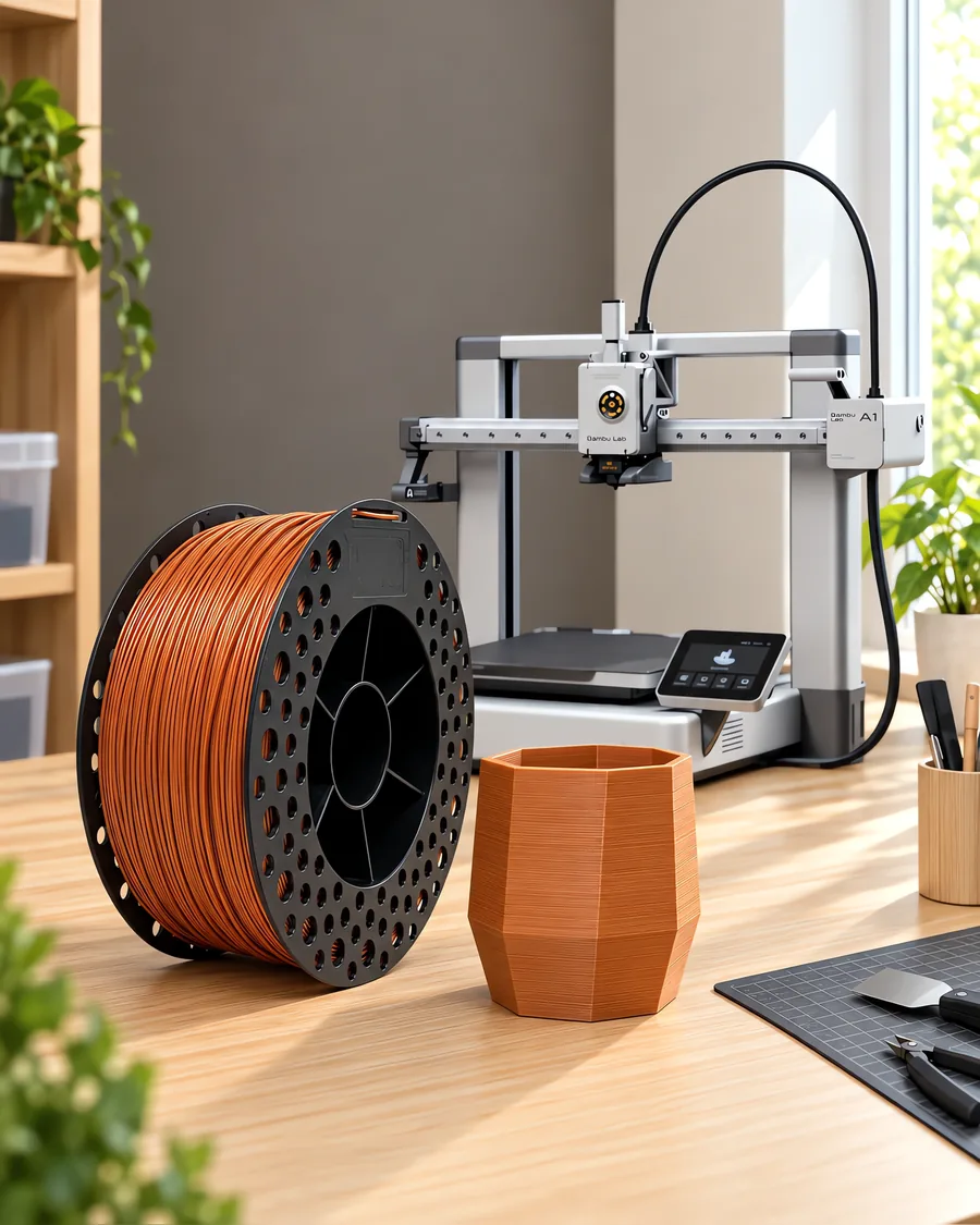 Carretel de filamento pla cobre sobre una mesa de roble claro, con una impresora 3D detrás y una maceta impresa en el mismo color al lado.