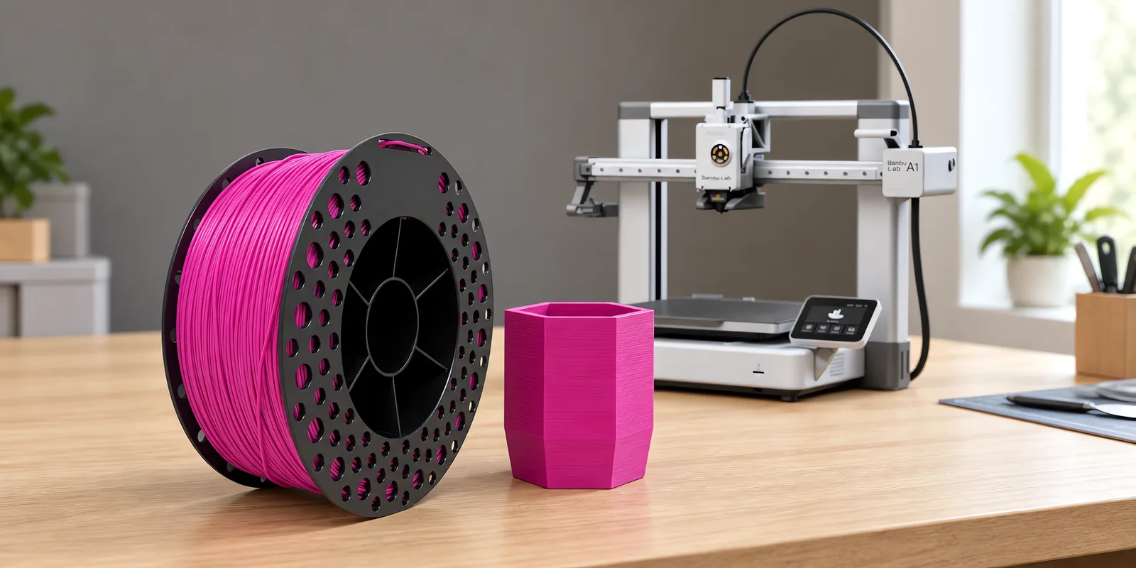 Carretel de filamento pla fucsia sobre una mesa de roble claro, con una impresora 3D detrás y una maceta impresa en el mismo color al lado.