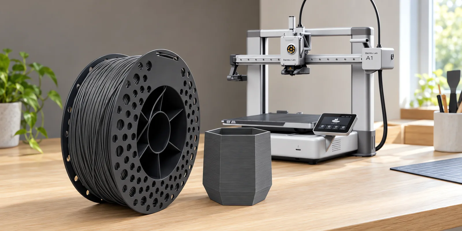 Carretel de filamento pla gris acero sobre una mesa de roble claro, con una impresora 3D detrás y una maceta impresa en el mismo color al lado.