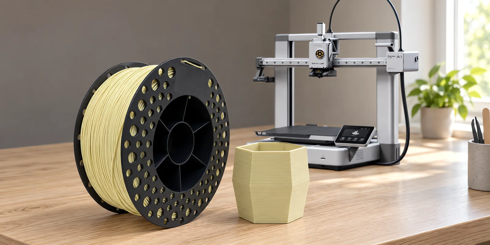 Carretel de filamento pla hueso sobre una mesa de roble claro, con una impresora 3D detrás y una maceta impresa en el mismo color al lado.