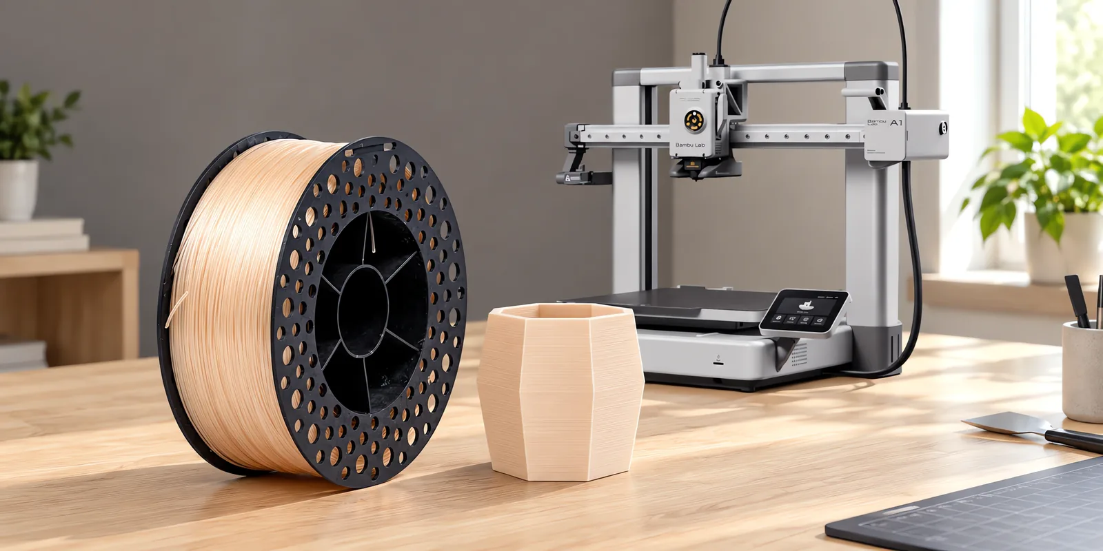 Carretel de filamento pla natural sobre una mesa de roble claro, con una impresora 3D detrás y una maceta impresa en el mismo color al lado.