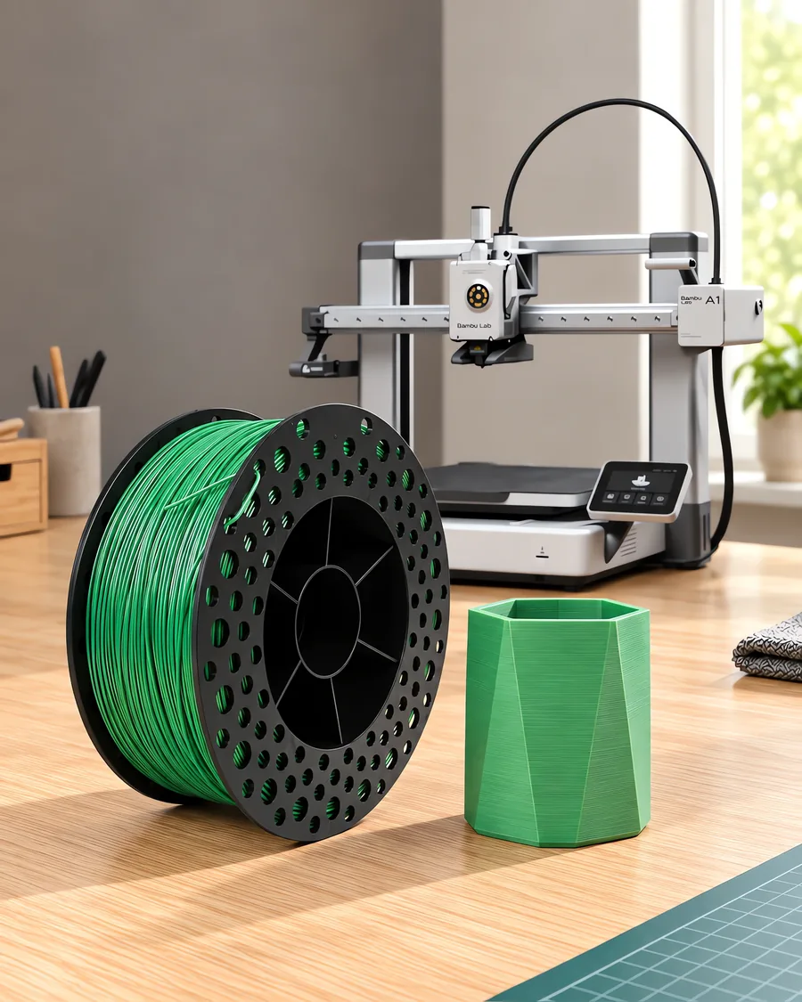 Carretel de filamento pla verde sobre una mesa de roble claro, con una impresora 3D detrás y una maceta impresa en el mismo color al lado.