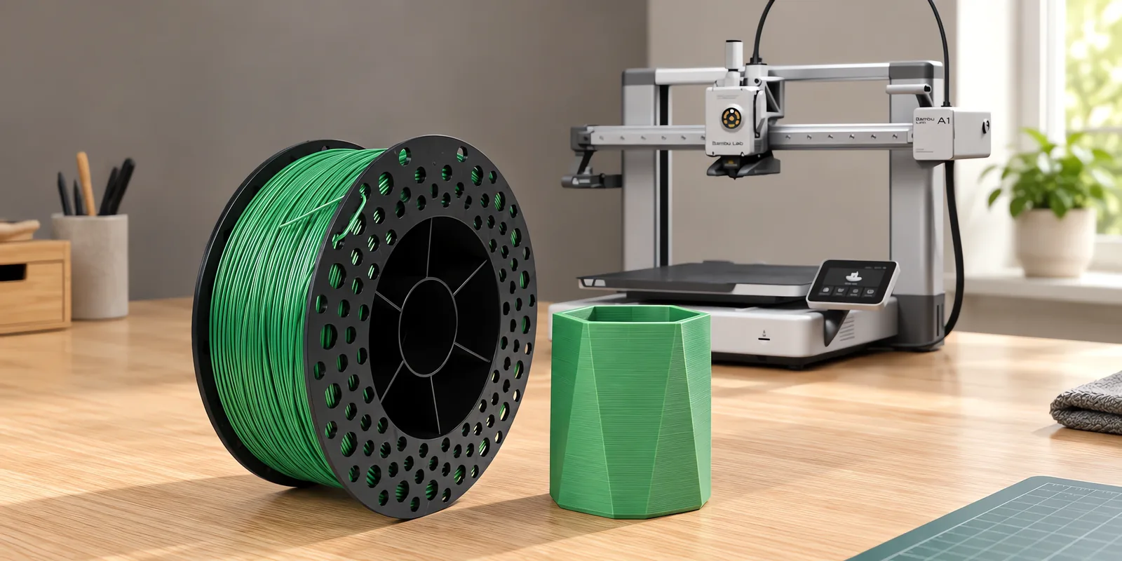 Carretel de filamento pla verde sobre una mesa de roble claro, con una impresora 3D detrás y una maceta impresa en el mismo color al lado.
