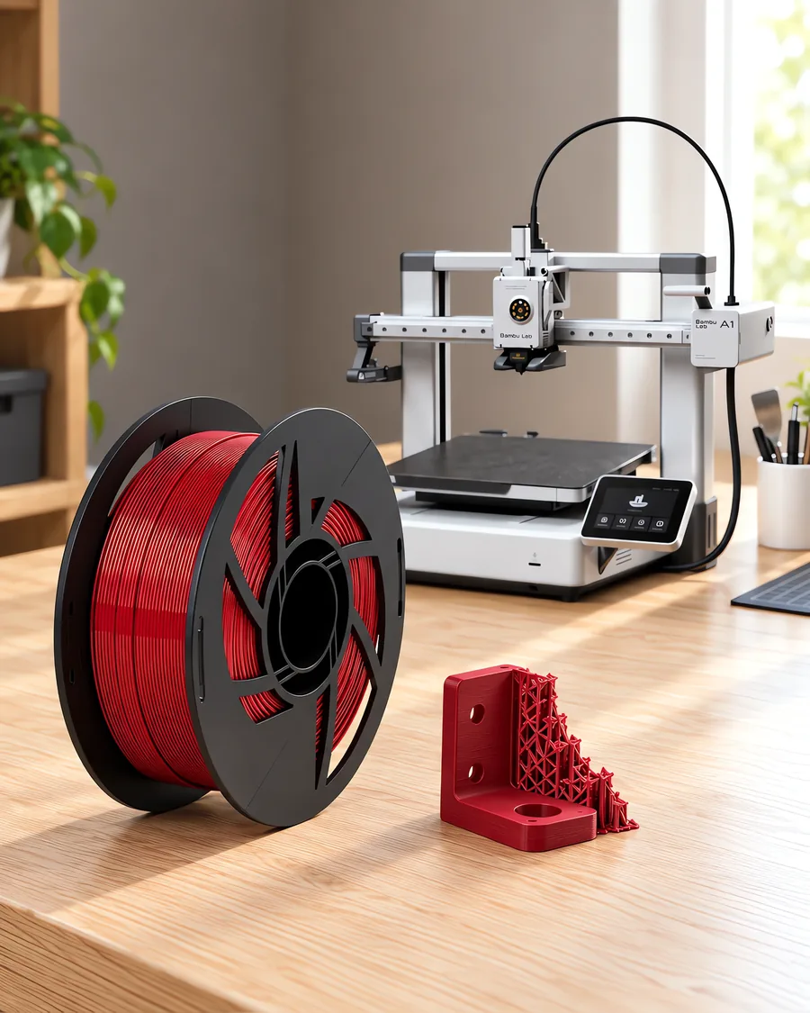 Carretel de filamento pla 850 bordo sobre una mesa de roble claro, con una impresora 3D detrás y un soporte impresa en el mismo color al lado.